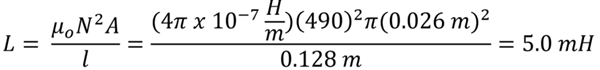 The equation solving for part 4 A.  Permeability of air (4 pi times 10 to the -7 power) times wraps squared (490 squared) times area (pi times 0.026 cm squared) over length (0.128 meters) equals 5 milli henry.