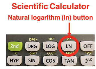Annotated photo of scientific calculator and the location of the natural logarithm (ln) button.
