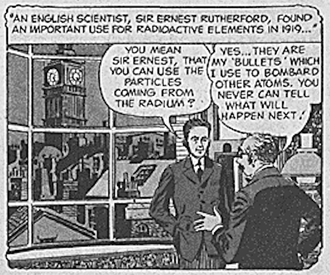 Cartoon with Rutherford describing nuclear bombardment.