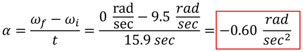 The equation to find the acceleration for the potters wheel. angular acceleration (alpha) equals velocity final (omega sub f) minus velocity initial (omega sub i) over time (t). 0 rad per sec minus 9.5 rad per sec over 15.9 seconds = -0.60 rad per second squared
