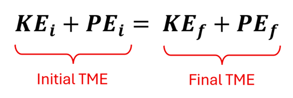 Equation for a closed system showing KE sub i (Kinetic Energy Initial) plus PE sub i (Potential Energy initial) = KE sub f + PE sub p (final Kinetic energy and potential energy).