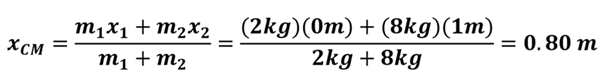 The solution equation.  2kg times 0 meters plus 8kg times 1 meters on the top (8) over 2 + 8 kilograms (10) = 0.80 meters.