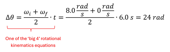 Using one of the Big 4 equations to find the change in angular distance.  Delta Theta (change in angular distance) = omega sub i (initial angular velocity) plus omega sub f (final angular velocity) over 2 times t (time).  8 rads per second plus 0 rads per second all over 2, then times 6 seconds = 24 rads.