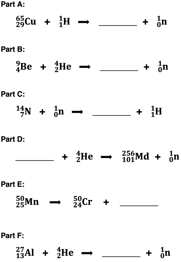 A set of six incomplete nuclear equations with a missing daughter or parent nucleus; part of a set of questions with on-page answers and explanations.