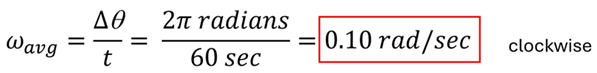 The equation to find the average angular velocity of a second hand in radians per second. A full circle is 2 pi radians, that over 60 seconds comes to about 0.10 radians per second.