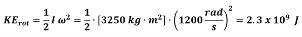 Kinetic Energy of rotation = 1/2 I omega squared.  The values for these are plugged in and solved.  1/2 times 3250 kg meters squared times 1200 rad per second squared = 2.3 times 10 to the 9th power joules.