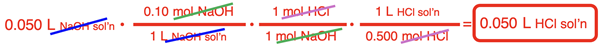 Conversion factor solution for the conversion of volume NaOH solution to volume HCl solution for a stoichiometry problem for an acid-base neutralization reaction.