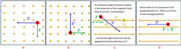 The solutions to the 4 examples (a through d).  A shows that the force is going down, B shows to the right, C shows that the force is to the bottom right (but also out of the page), and D since there is no perpendicular magnetic field, there is no force.