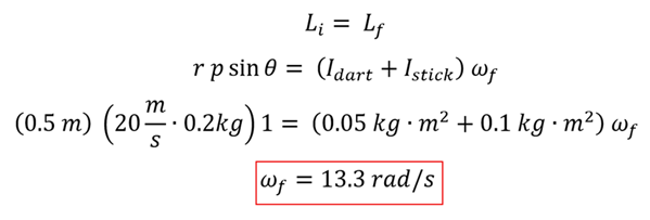 We start with the conservation of momentum equation, with the left side using r p sine theta for the dart = the combined moment of inertia (I sub dart plus I sub stick) times the angular momentum.  The values are plugged in, 0.5 meters time 20 meters per second times 0.2 kg = 0.05 kg meters squared (the moment of inertia for dart) plus 0.1 kg meters squared (moment of inertia for the meter stick) times omega sub f.  Solve for the omega sub f = 13.3 rads per second.