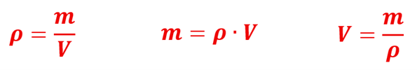 3 Equations derived from the Density Equation to solve for density, mass, or volume.  Rho = m over V.  M = rho times V.  V = m over Rho.