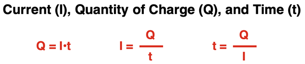 The I = Q/t equation written in three equivalent formats for solving for I, Q, and t.