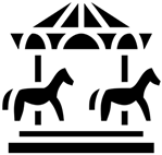 A black and white illustration of a carousel with 2 horses.