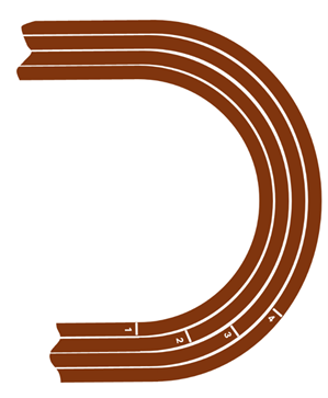 Picture of the right section of a school track, with 4 lanes. Each lane that goes further out has a later starting point, with 4 being the farthest ahead in the starting point.