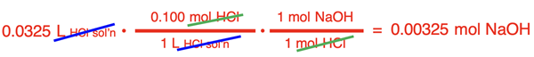 Conversion factor solution for the conversion of volume HCl solution to moles NaOH for a stoichiometry problem for an acid-base neutralization reaction.
