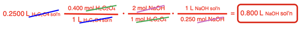 Conversion factor solution for the conversion of the volume H2C2O4 solution to volume NaOH solution for a stoichiometry problem for an acid-base neutralization reaction.