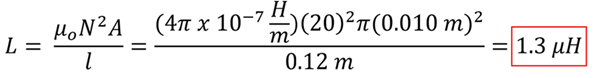 The solution equation.  Starting with the Self inductance equation L = permeability times Wraps Squared times Cross sectional Area over length, we plug in the permeability of air (4 pi times 10 to the -7 power) times wraps (20) squared times area (pi times 0.01 meters squared) over length (0.12 meters) to get 1.3 micro Henries.