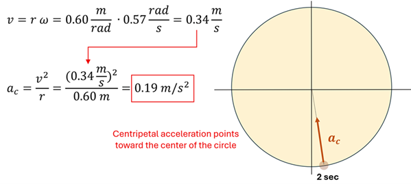 Finding the centripetal acceleration at 2 seconds, we start by finding the velocity from the angular velocity at 2 seconds (which is 0.57 rad per second).  We use v = r times omega, plugging in the radius and angular velocity to get a velocity of 0.34 meters per second.  Then using a sub c (centripetal acceleration) = v (velocity) squared over r (radius), we get 0.34 squared over 0.6 or 0.19 meters per second squared towards the center.